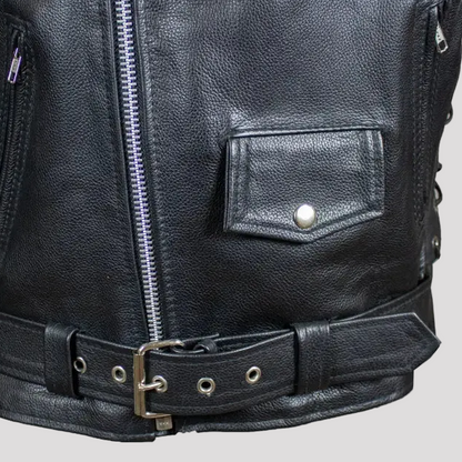 Blouson de moto en cuir coupe classique pour homme avec laçage latéral