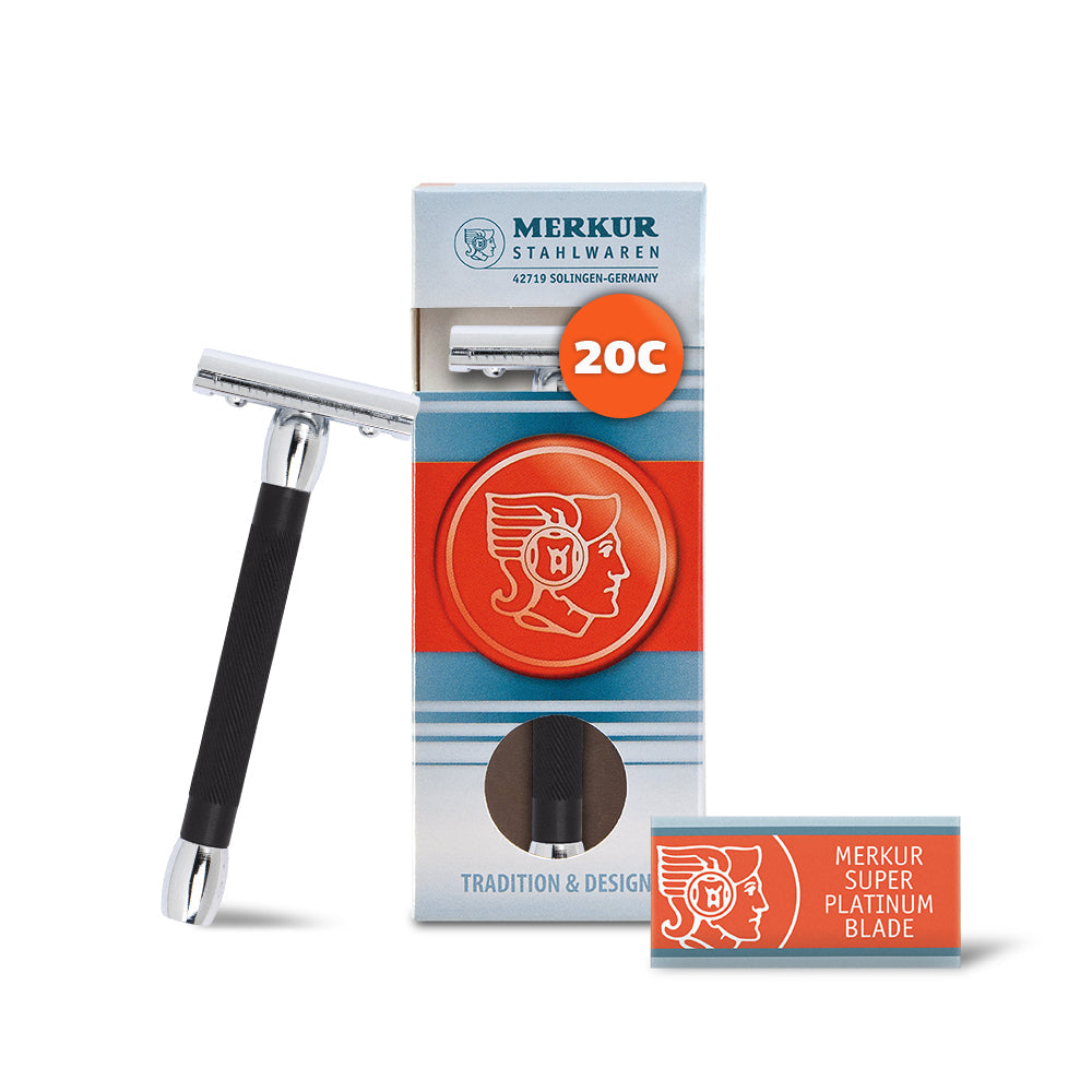 Merkur 20B 3-Piece DE Safety Razor, Closed Comb, Long Handle, Bright Chrome/ Black