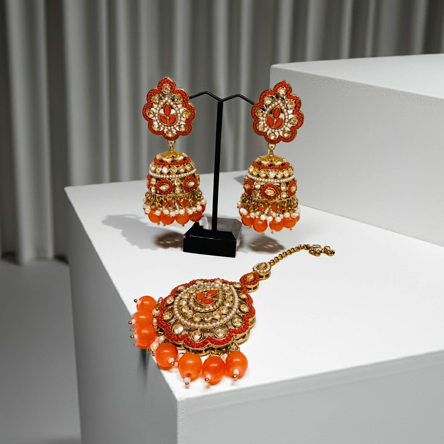 Boucles d'oreilles et ensemble Tikka miroirs fabriqués à la main – Bijoux ethniques
