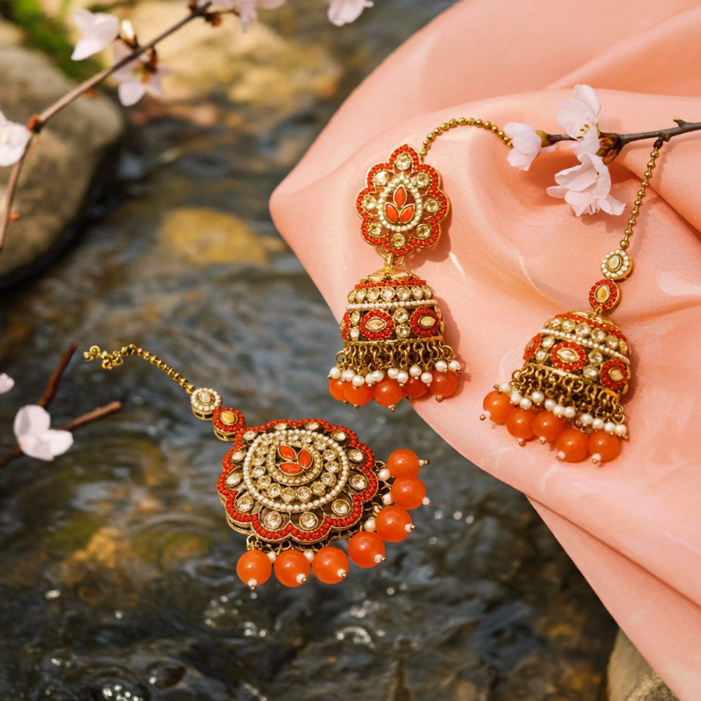 Boucles d'oreilles et ensemble Tikka miroirs fabriqués à la main – Bijoux ethniques