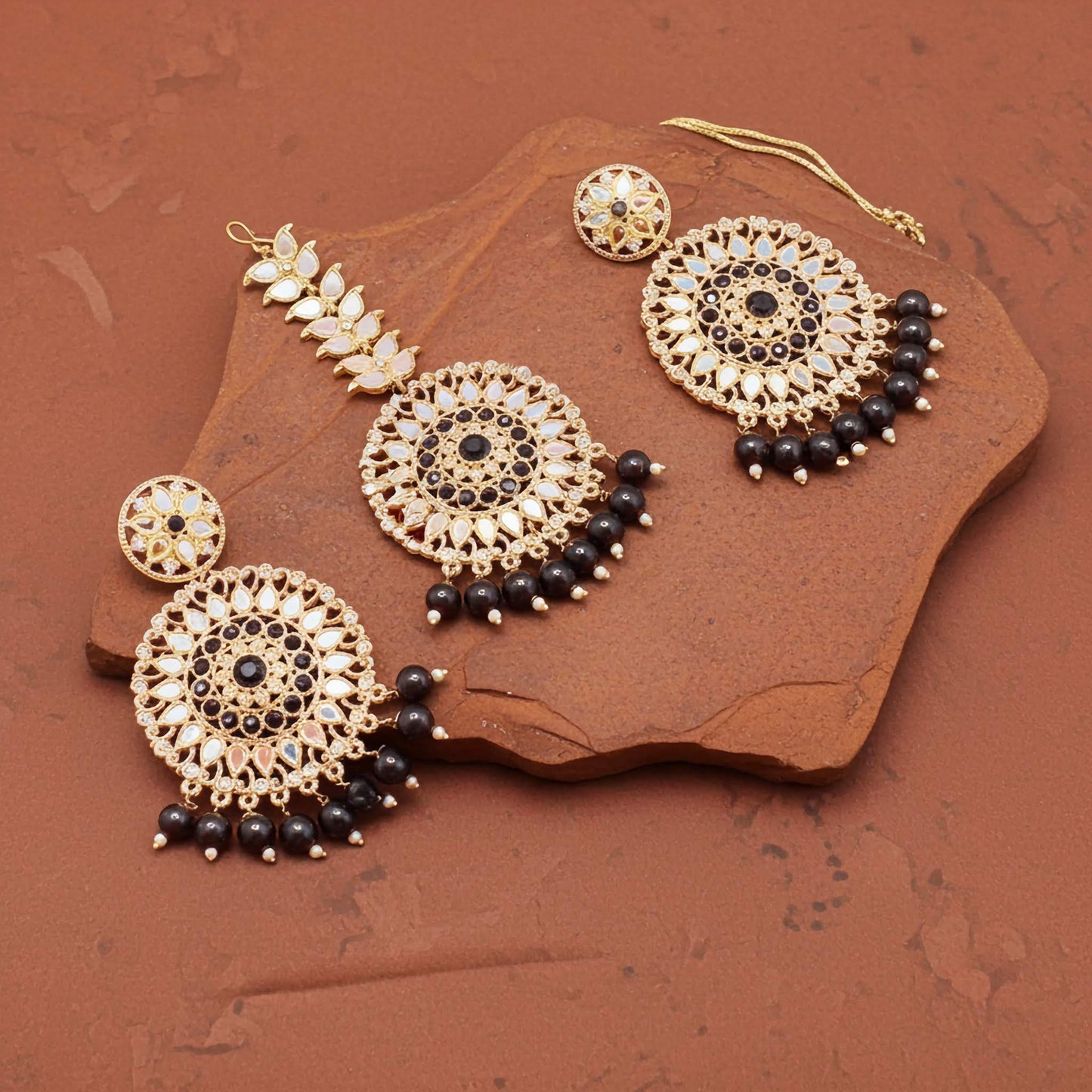 Boucles d'oreilles et ensemble Tikka miroirs fabriqués à la main – Bijoux ethniques