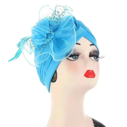 Multicolor Mesh Matching Feather Flower Arab  Hat