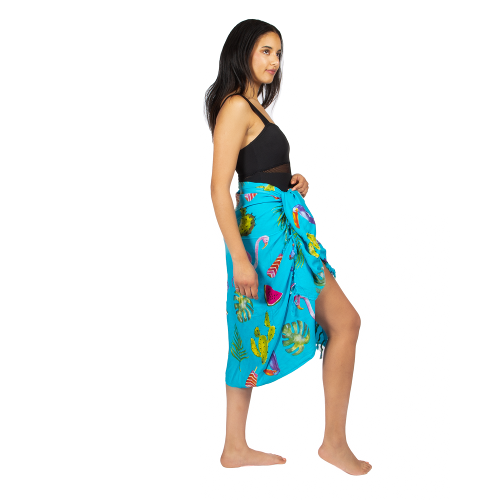 Flamingo & Fruit Print Sarong - Turquoise