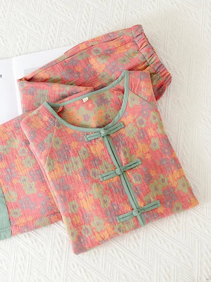 New Chinese Style Double Pure Cotton Gauze Pajamas For Women Spring Autumn Set
