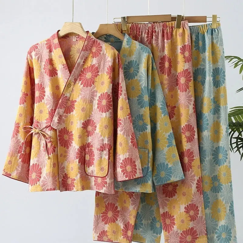 Nouveau pyjama chinois de printemps et d'automne en gaze de coton double pour femme