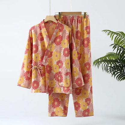 Nouveau pyjama chinois de printemps et d'automne en gaze de coton double pour femme