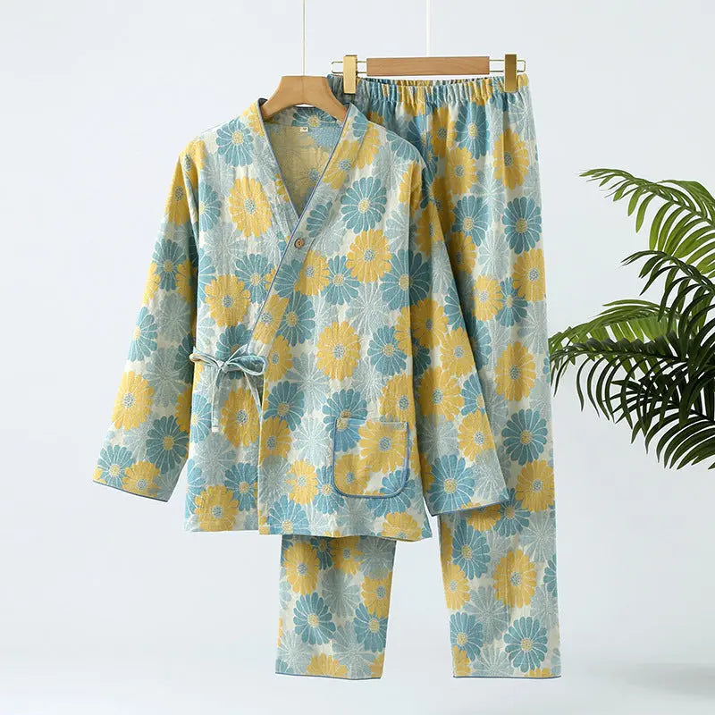 Nouveau pyjama chinois de printemps et d'automne en gaze de coton double pour femme