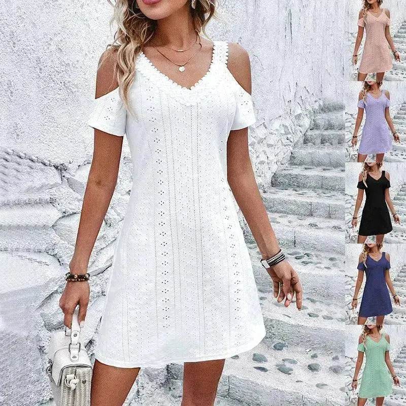 Nouvelle Robe Épaules Dénudées Manches Courtes Mode Été Minceur Robes Trapèze Décontractée Vacances Plage Pour Vêtements Femme