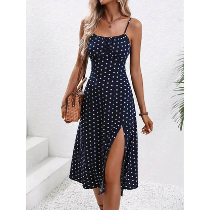 New Polka Dot Print Suspender Dress Summer Charming Slit Long Dresses For Womens Clothing