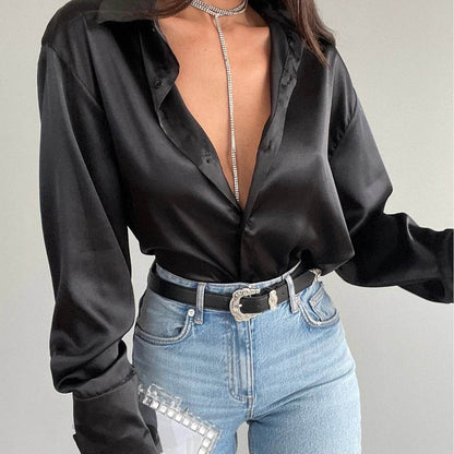 Single-breasted Long Sleeve Lapel Satin Blouse Shirt for work business office