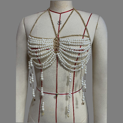 Stringed Pearls Chest Necklace Tassel Halterneck Vest Top Body Chains