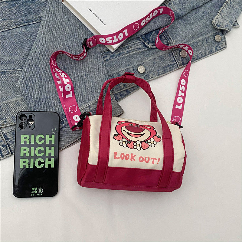 Stitch Canvas Shoulder Bag For Women Cartoon Strawberry Bear Casual Crossbody Bag Daily Commuting