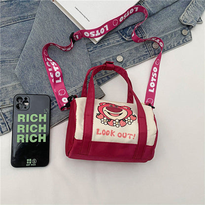Stitch Canvas Shoulder Bag For Women Cartoon Strawberry Bear Casual Crossbody Bag Daily Commuting