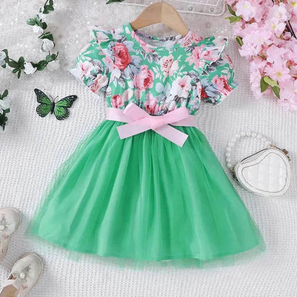 Girls Puff Sleeve Flower Printed Mesh Dress Baby girl dress gown