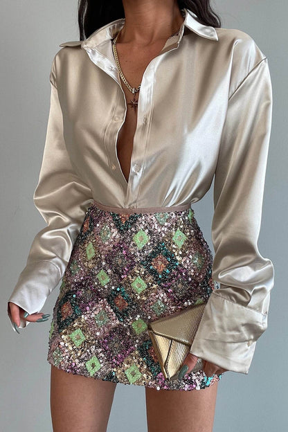 Single-breasted Long Sleeve Lapel Satin Blouse Shirt for work business office