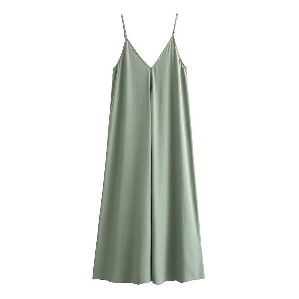 Robe longue d'été élégante pour femme, décontractée, à fines bretelles, unie, col en V, dos nu