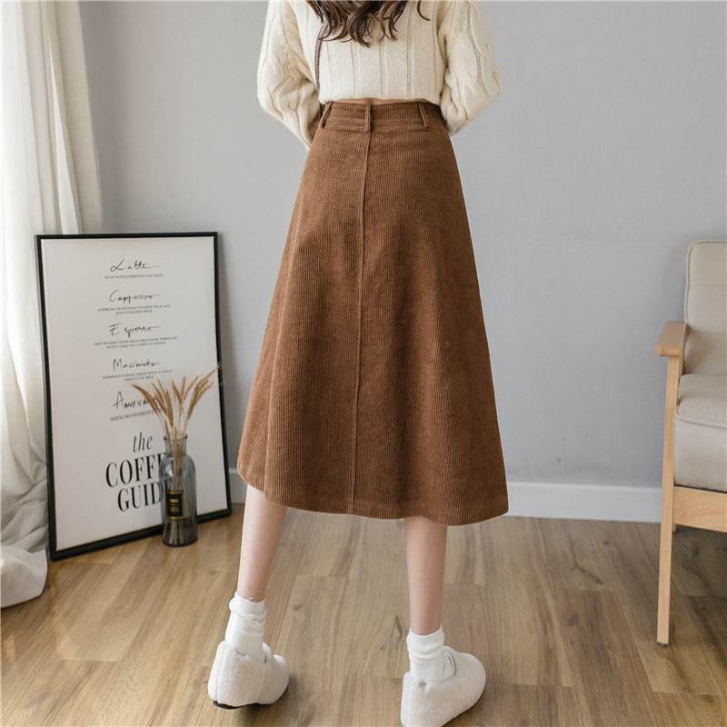 Retro Button A-line Fashion flared Corduroy Midi Skirt