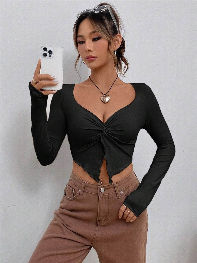 Slim fit top Front Twist Irregular Long Sleeve V-neck tank top For Women