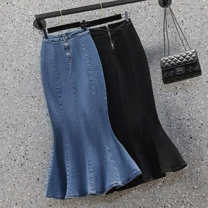 Mermaid Denim Skirt Cotton Mid Length Fishtail Style