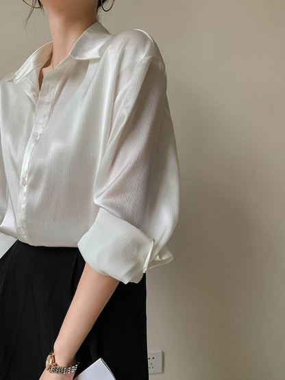 White Texture Long sleeve button Satin Shirt For Work business office