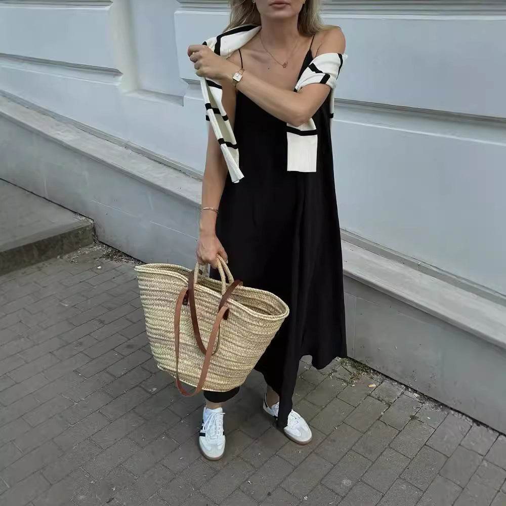 Robe longue d'été élégante pour femme, décontractée, à fines bretelles, unie, col en V, dos nu