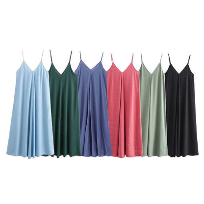 Robe longue d'été élégante pour femme, décontractée, à fines bretelles, unie, col en V, dos nu