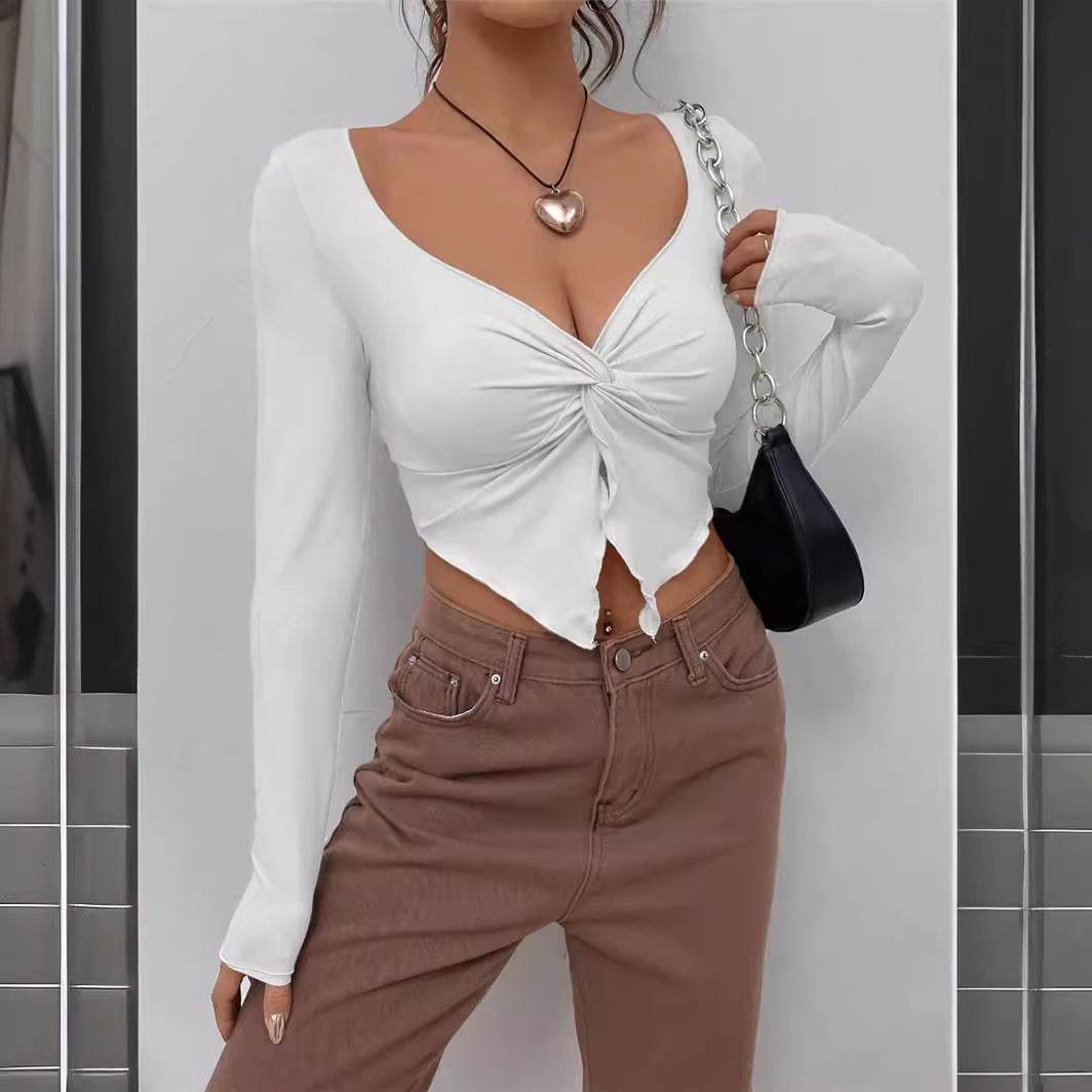 Slim fit top Front Twist Irregular Long Sleeve V-neck tank top For Women