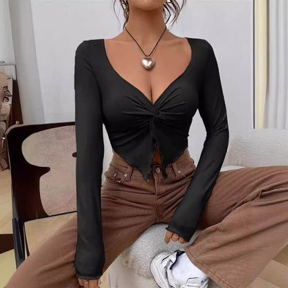 Slim fit top Front Twist Irregular Long Sleeve V-neck tank top For Women