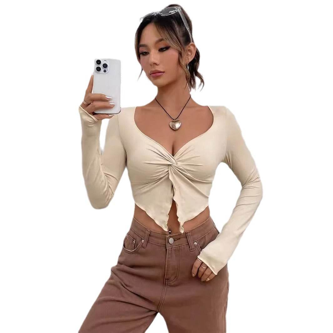 Slim fit top Front Twist Irregular Long Sleeve V-neck tank top For Women