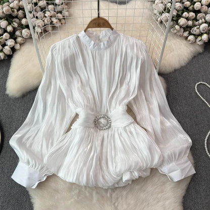 Elegant Luxury French Style High-grade waist belt lantern sleeve Niche Blouse top for Women