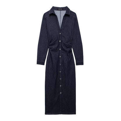European And American Style Fashion Dark Blue Long sleeve Denim Shirt Dress