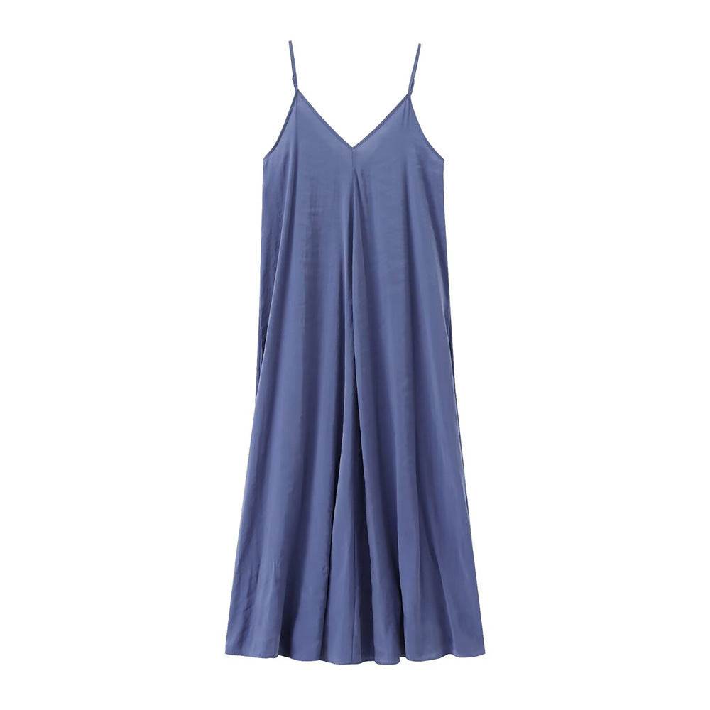 Robe longue d'été élégante pour femme, décontractée, à fines bretelles, unie, col en V, dos nu