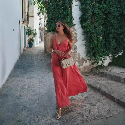 Robe longue d'été élégante pour femme, décontractée, à fines bretelles, unie, col en V, dos nu