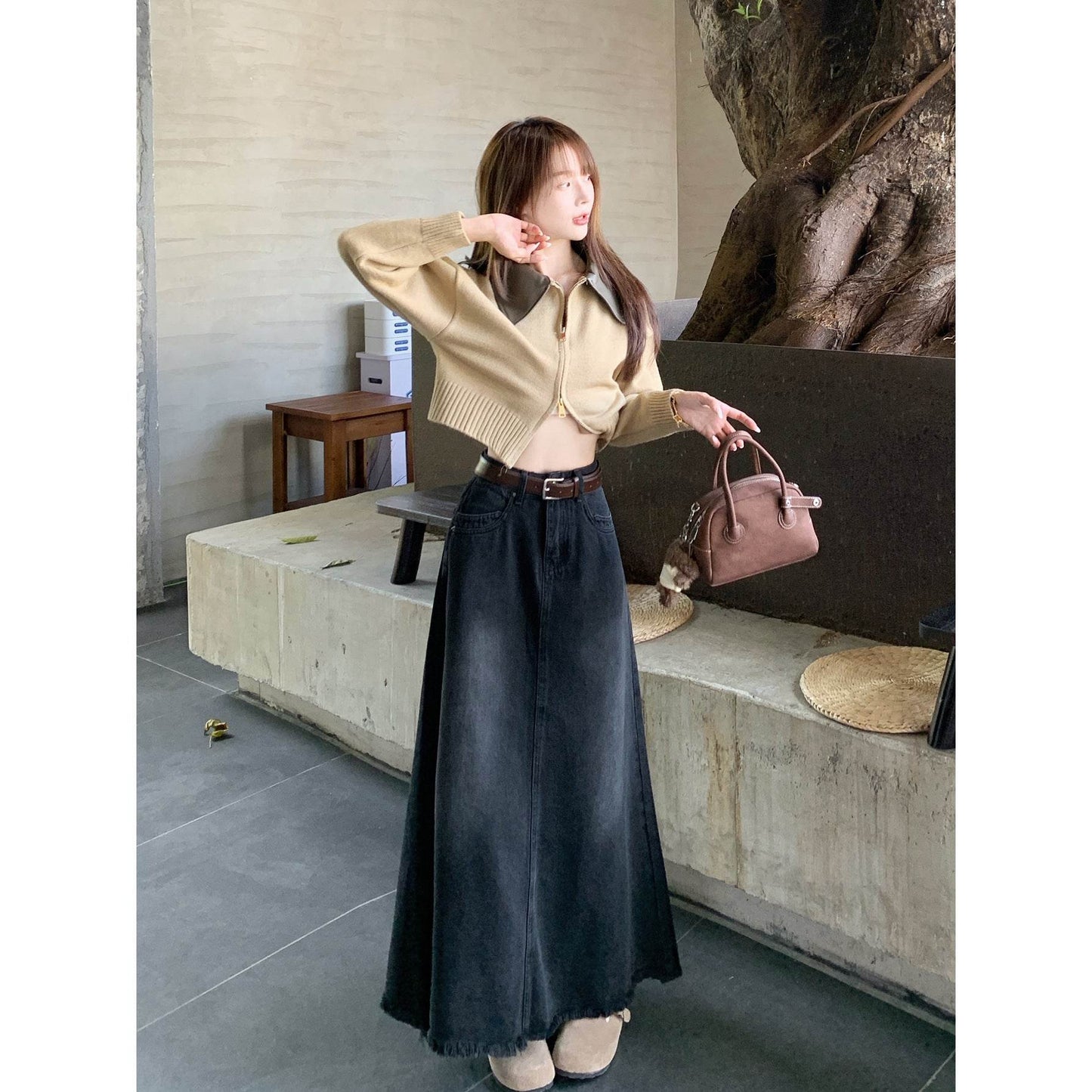Long Denim Skirt Solid Cotton A Line Style