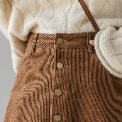 Retro Button A-line Fashion flared Corduroy Midi Skirt