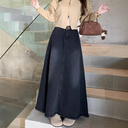 Long Denim Skirt Solid Cotton A Line Style