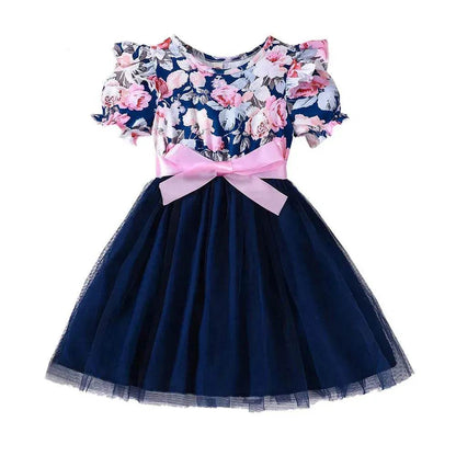 Girls Puff Sleeve Flower Printed Mesh Dress Baby girl dress gown