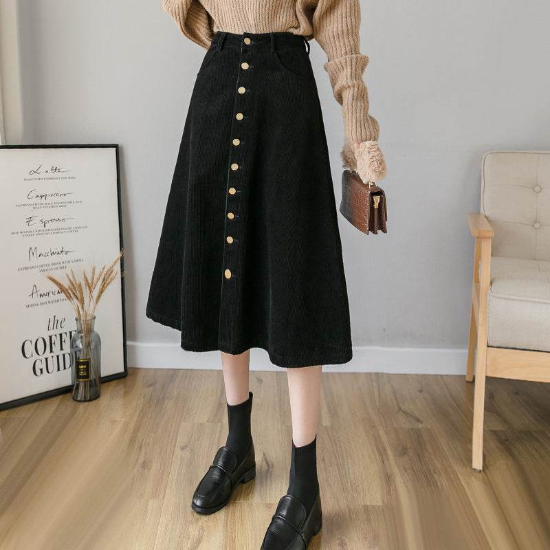 Retro Button A-line Fashion flared Corduroy Midi Skirt