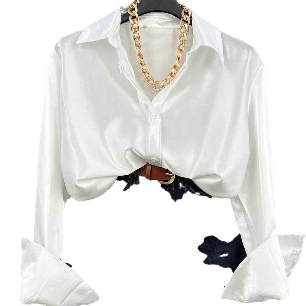 Single-breasted Long Sleeve Lapel Satin Blouse Shirt for work business office