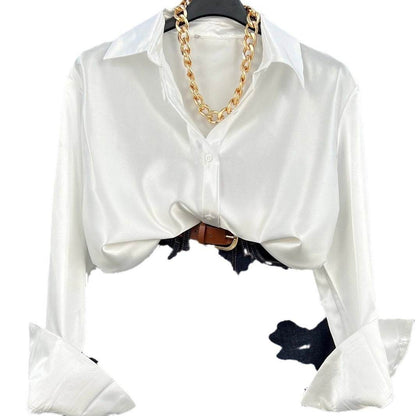 Single-breasted Long Sleeve Lapel Satin Blouse Shirt for work business office