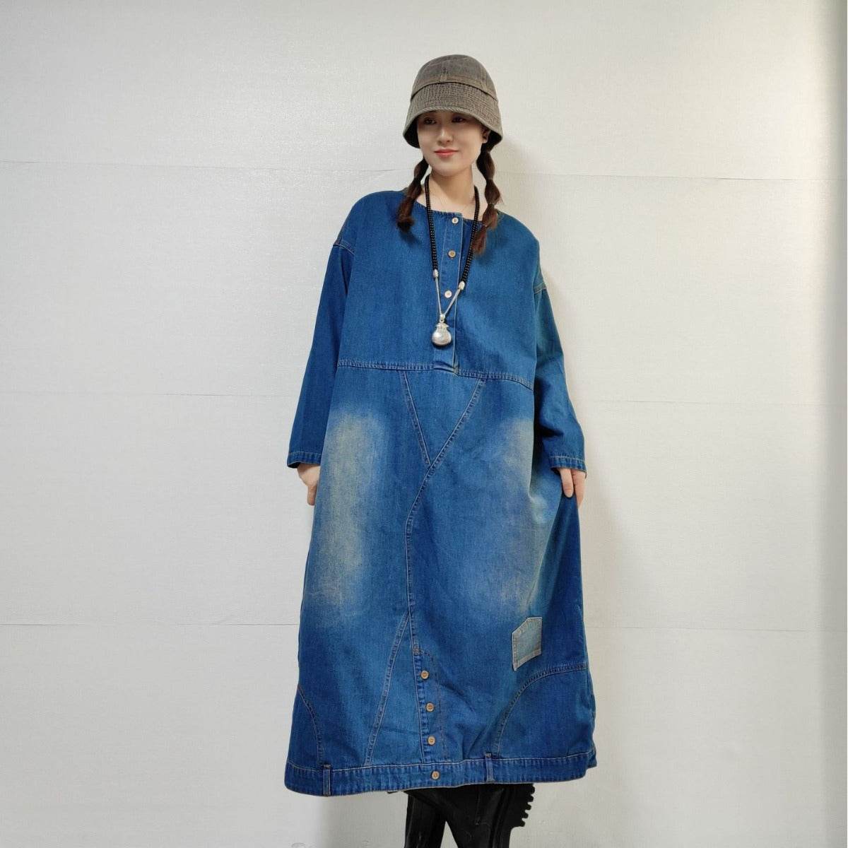 Loose-fitting Casual Round-neck Long-sleeved Oversized Long Denim Dress