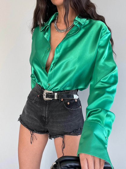 Single-breasted Long Sleeve Lapel Satin Blouse Shirt for work business office