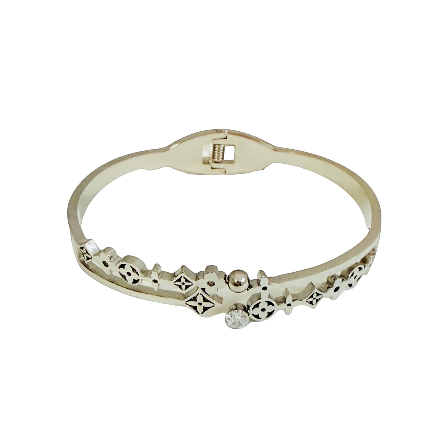 Dainty Silver-Plated Flower Bangle Bracelet with Sparkling Crystals