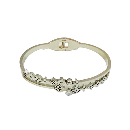 Dainty Silver-Plated Flower Bangle Bracelet with Sparkling Crystals