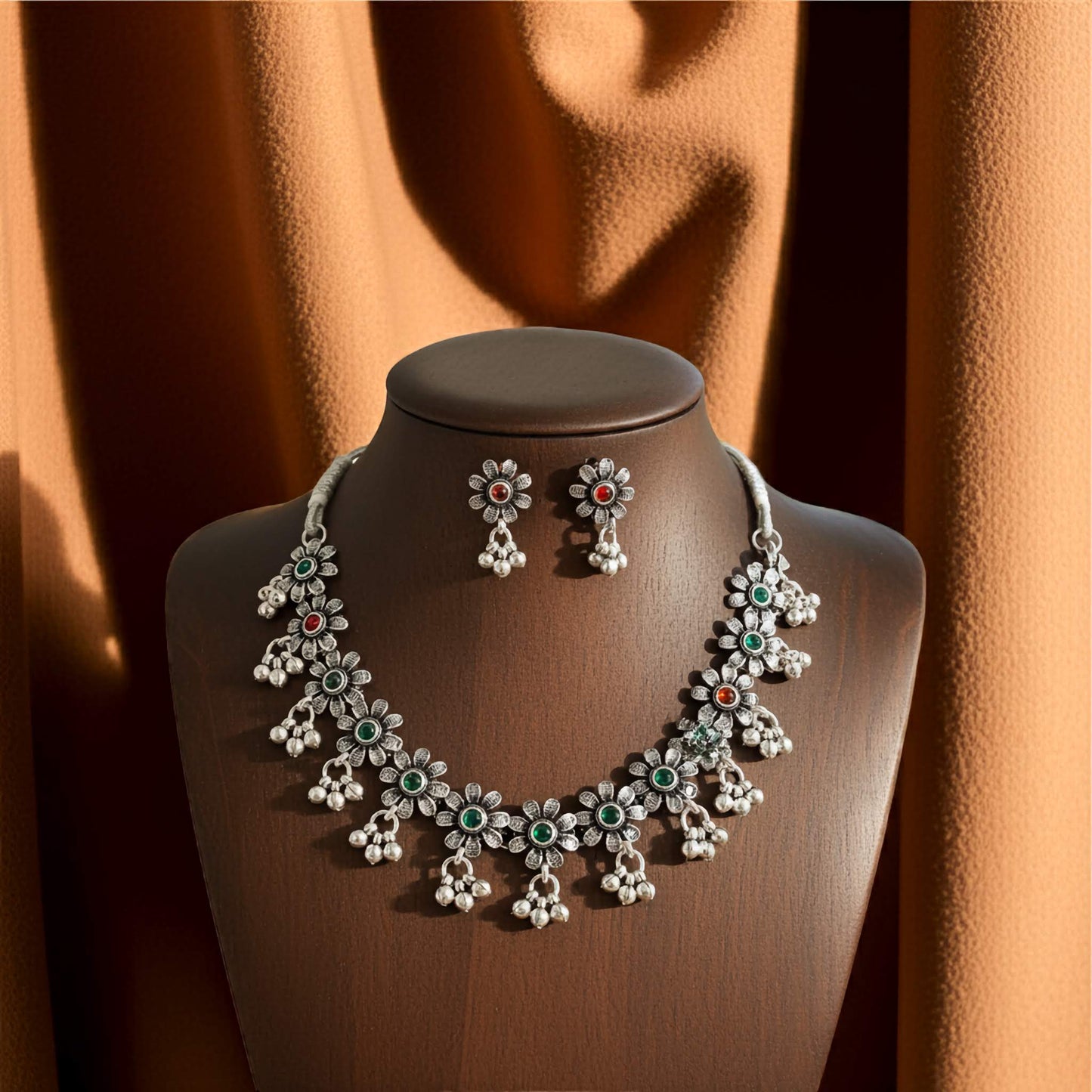 Oxidized Silver Floral Necklace & Earrings Set