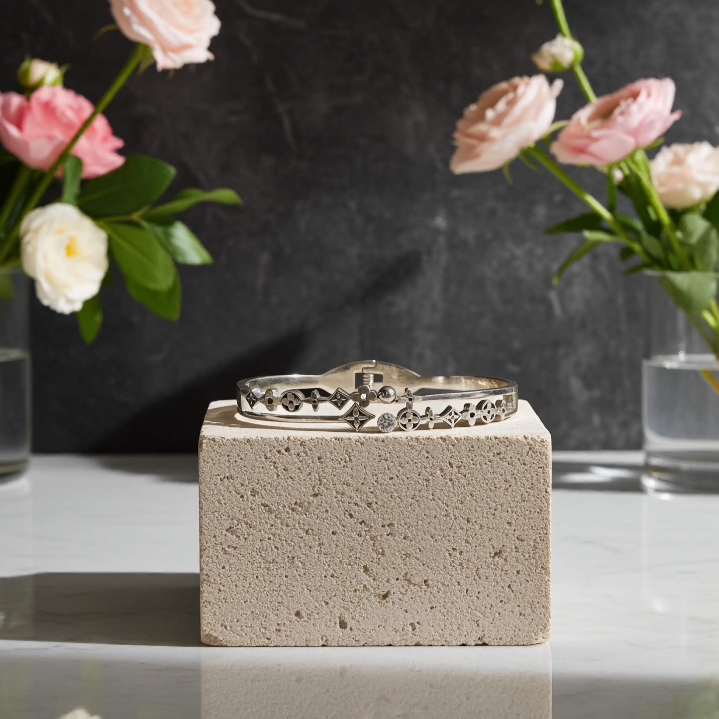 Dainty Silver-Plated Flower Bangle Bracelet with Sparkling Crystals