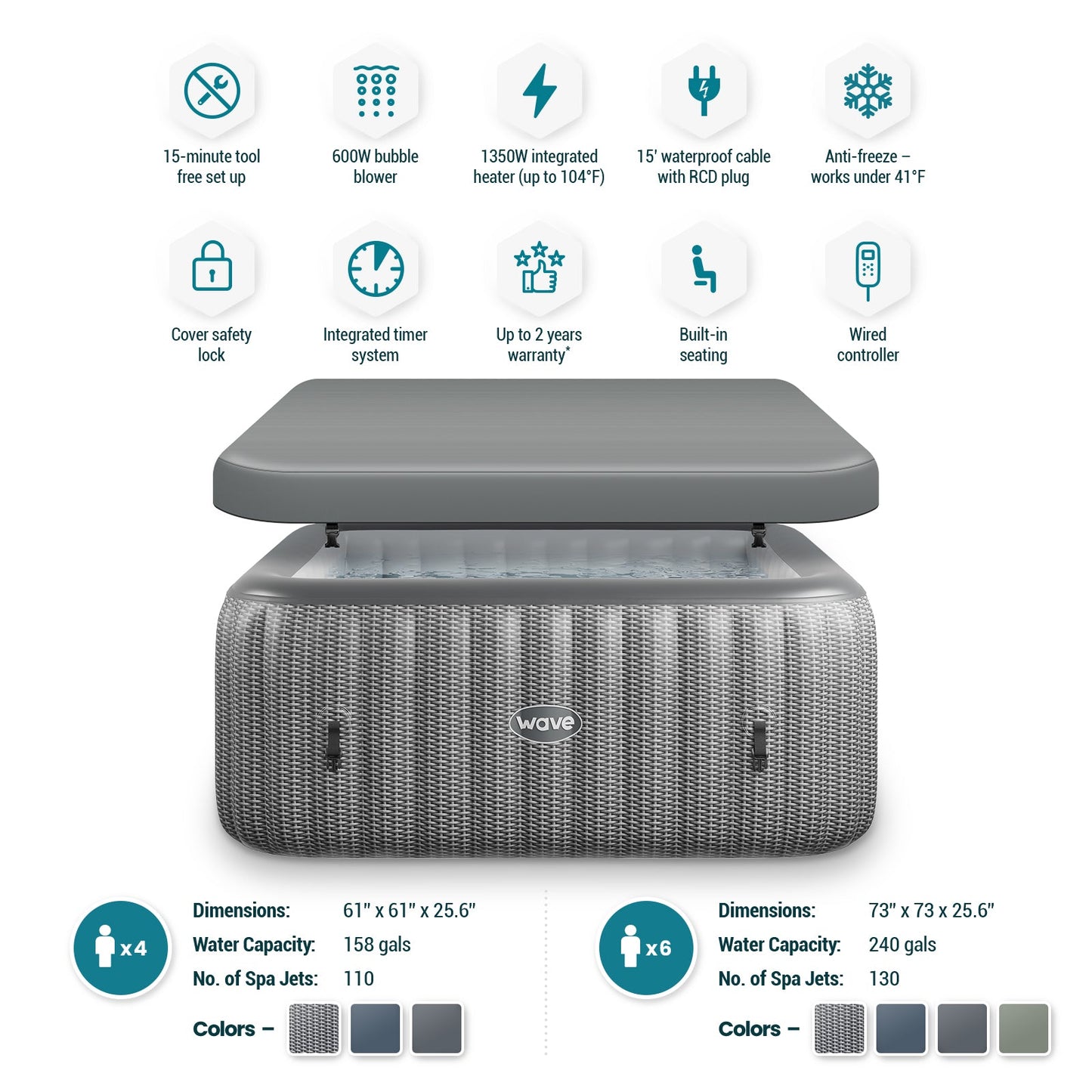 Wave | Pacific | 4/6-Person Inflatable Hot Tub | Square | Integrated Heater