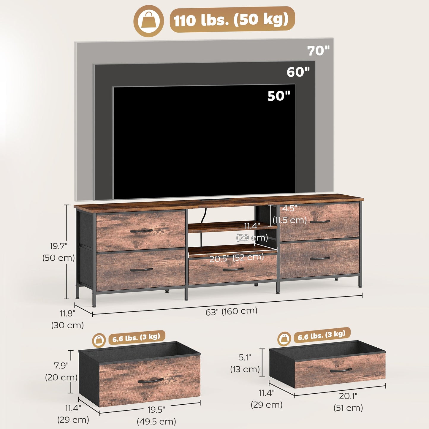 Jamie TV Stand with Charging Station for TVs up to 70 Inches-Rustic Brown