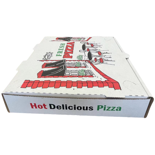 Boîtes à pizza imprimées cannelure E blanches 10" x 10" x 2"