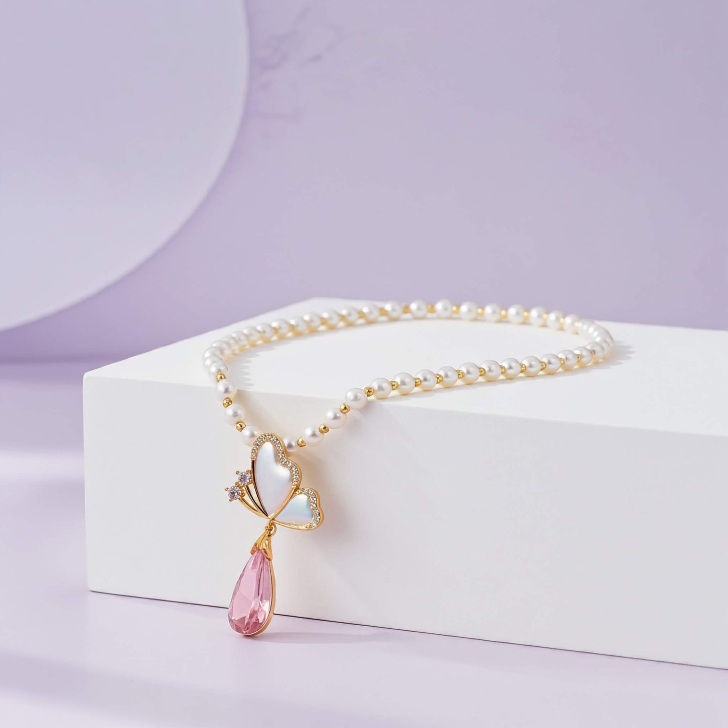 Floral Butterfly Pearl Necklace in Soft Pink Shade